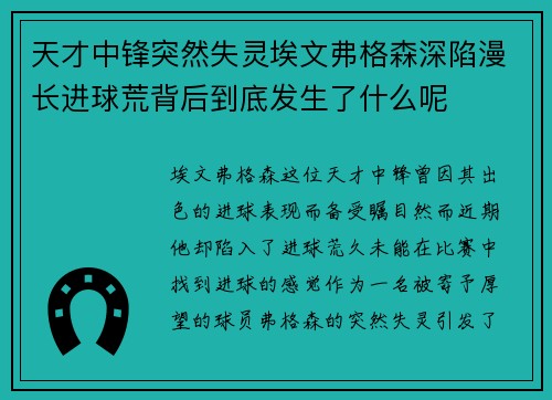天才中锋突然失灵埃文弗格森深陷漫长进球荒背后到底发生了什么呢